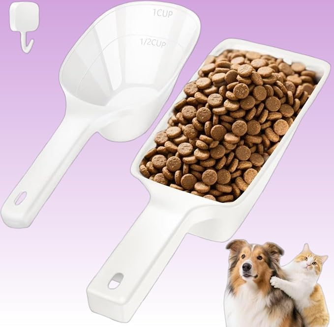 Food Scoop 2 PACK,2 Cup Capacity Dog Food Scoop With Measuring Lines For Dog, Puppy and Cat Coffee Bean Scoop, Flour Scoop (Small & Large White)
