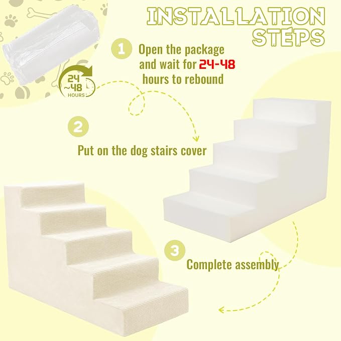 Niubya Dog Stairs for Small Dog and Cats,23”H Non-Slip Bottom Pet Steps for High Beds and Couch,Extra Wide High-Density Foam Pet Stairs White,5 Steps
