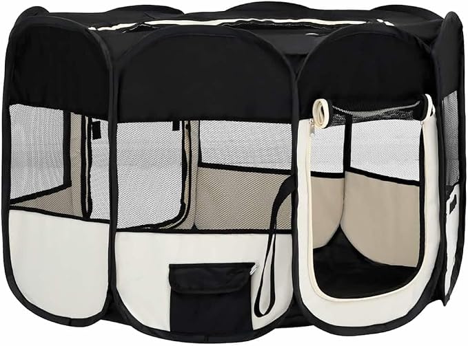 Foldable Dog Playpen with Carrying Bag, 43.3x43.3x22.8 Inches, Black Steel Frame for Indoor Outdoor Use
