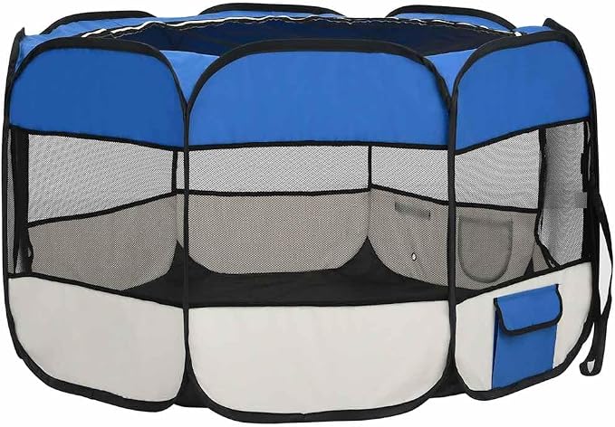 Foldable Dog Playpen with Carrying Bag, 43.3"x43.3"x22.8" Blue Pet Playpen for Training, Sleeping, and Play Area, Sturdy Steel Frame with Mesh Roof and Side Pockets