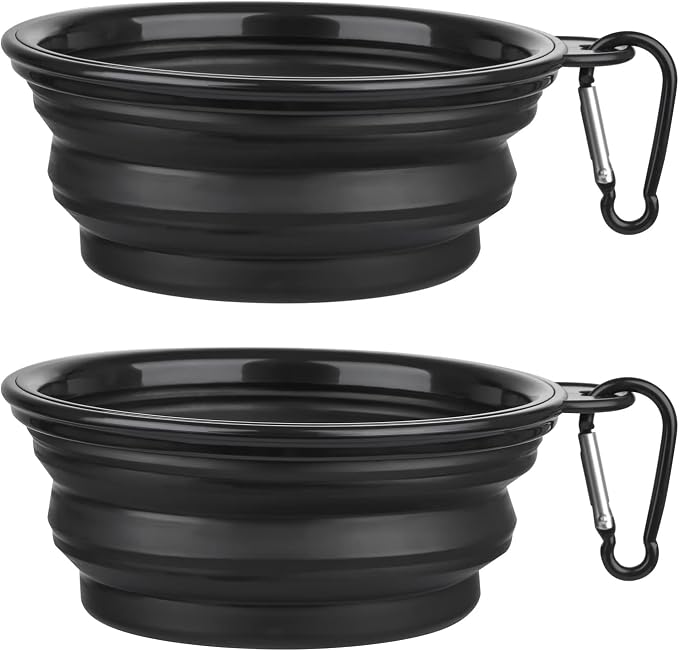 Dog Bowl Collapsible, 2 Pack, with Carabiners, Small, Black+Black