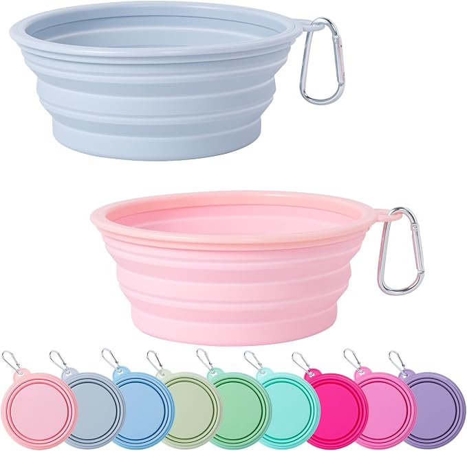 SLSON Macaron Collapsible Dog Bowl, 2 Pack, Large, Coral & Light Grey