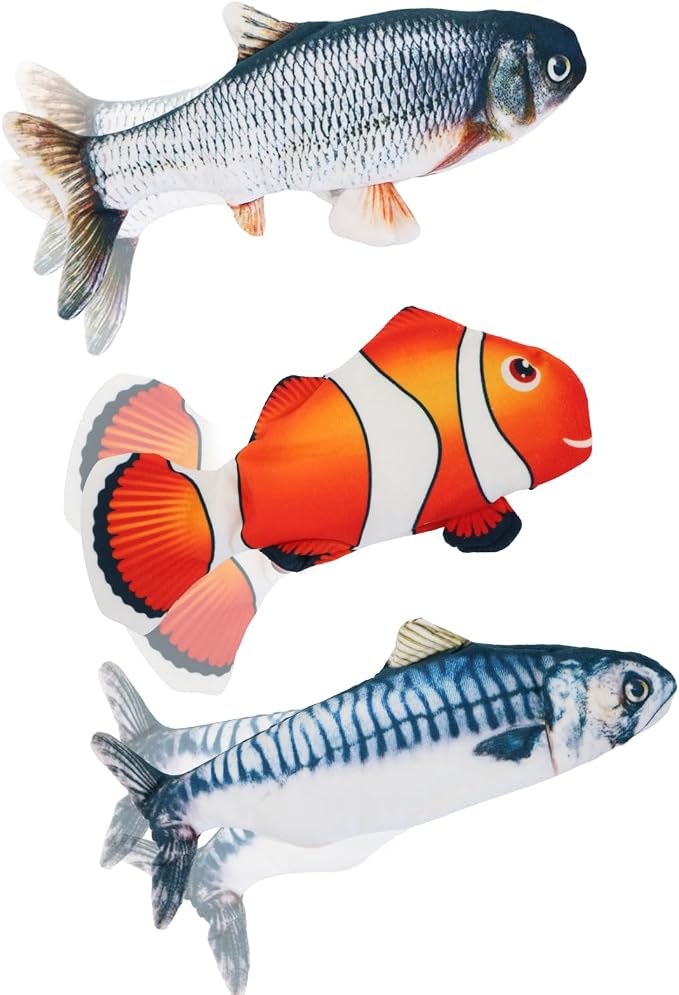 3 Pack Flopping Fish Cat Toy, Interactive Plush Cat Kicker Toy with Catnip Pocket, USB Rechargeable Wiggle Fish Set(Carp+Clownfish+Mackerel) for Indoor Kitten & Small Dogs, 3 Assorted Sizes