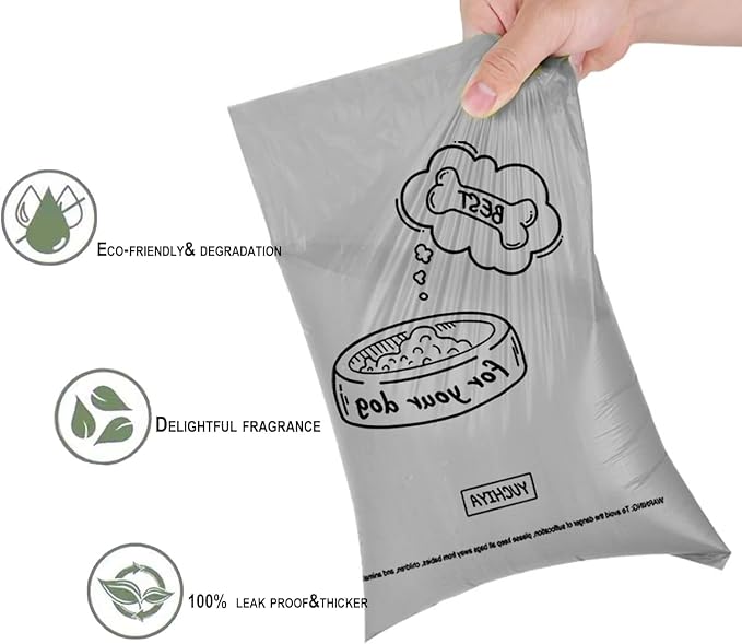 Dog Poop Bag Holder with LED Flashlight for Night Walks,Silicone Tether & Dachshund Pattern Clip for Used Bags,Hands-Free Metal Leash Carabiner,15 Scented Waste Bags(Light Grey)