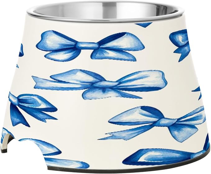 YETTASBIN Blue Bow Elevated Dog Bowls, Prevention of Vertebrae Disease Raised Dog & Cat Bowl Stand with Removable Stainless Steel Bowls, Non-Slip Spill-Proof Pet Food & Water Bowl Dish