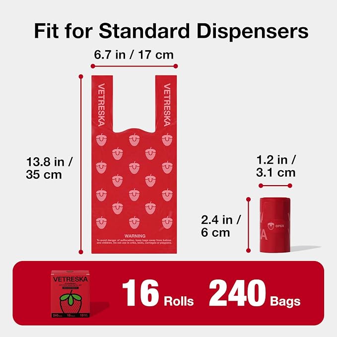 VETRESKA Dog Poop Bags with Handles 240 Count, Strawberry Scented Waste Bags, Leak-Proof Thick Dog Bags for Poop, Easy-Tie Large Poop Bags, 16 Refill Rolls for Dog Walking Cat Litter