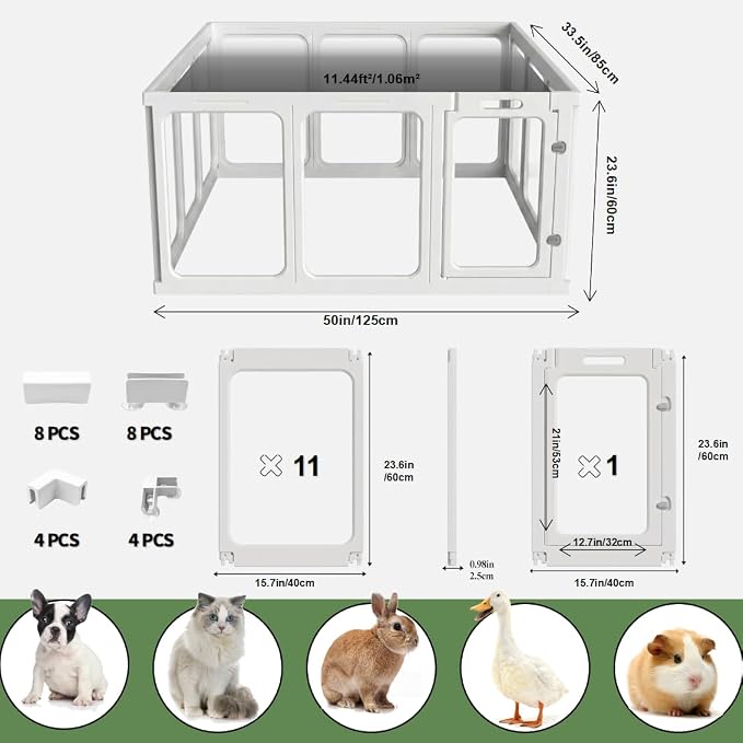 12Pcs Clear Acrylic Plastic Dog Playpen, 23.6“ H Lightweight & Easy Assemble Playpen Divider, Durable Safety Play Pen Indoors, Puppy, Cat, Small Animal(White)