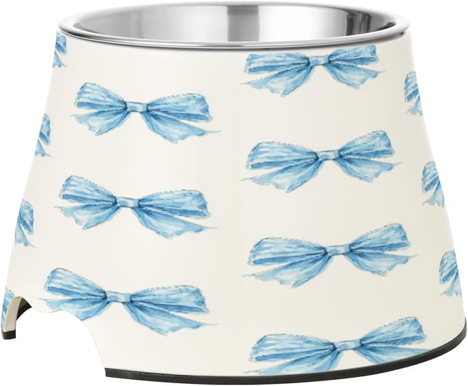 Blueangle Elevated Dog Bowls with Stainless Steel - Non-Slip 2.3 Cup High Capacity Pet Dish for Spinal Health & Watercolor Blue Bows Design（463）