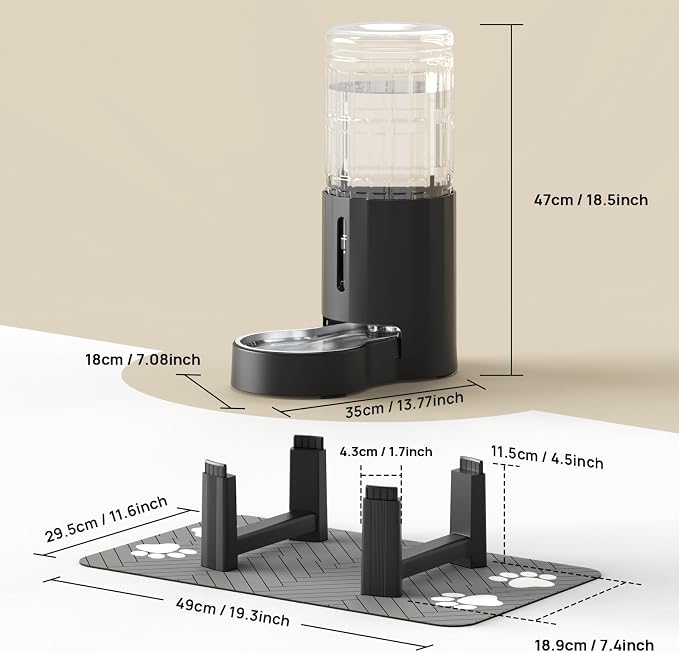 CZPET Elevated Dog Water Bowl Dispenser with Mat for Large Dogs,Tall Raised Pet Waterer Stand,Relieve Neck Pressure,Large Capacity and Drinking Area Noise-Free for Pets Dogs (9.5L+Stand+Mat,Black)