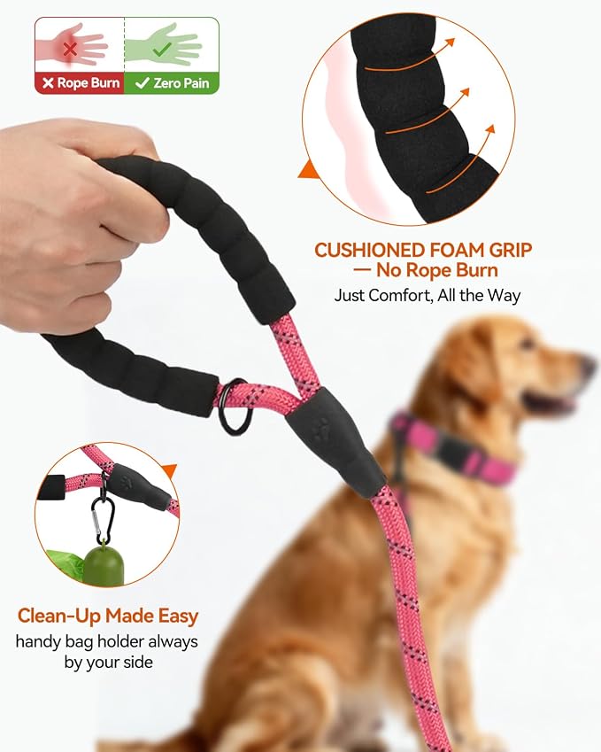 Joytale Rope Dog Leash for Medium Large Dogs, Padded Handle, 5FT, Pink | Reinforced Nylon Webbing, Comfort Grip Eases Hand Strain, Swivel Clip Prevents Tangles, Visible at Night, for Outdoor Walks