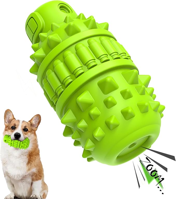 PIFFZEDO Natural Rubber Squeaky Dog Chew Toy for Medium Aggressive Chewers | Indestructible squeak toy, tough chew toy for power chewers, birthday gift, cleans tartar, green medium size