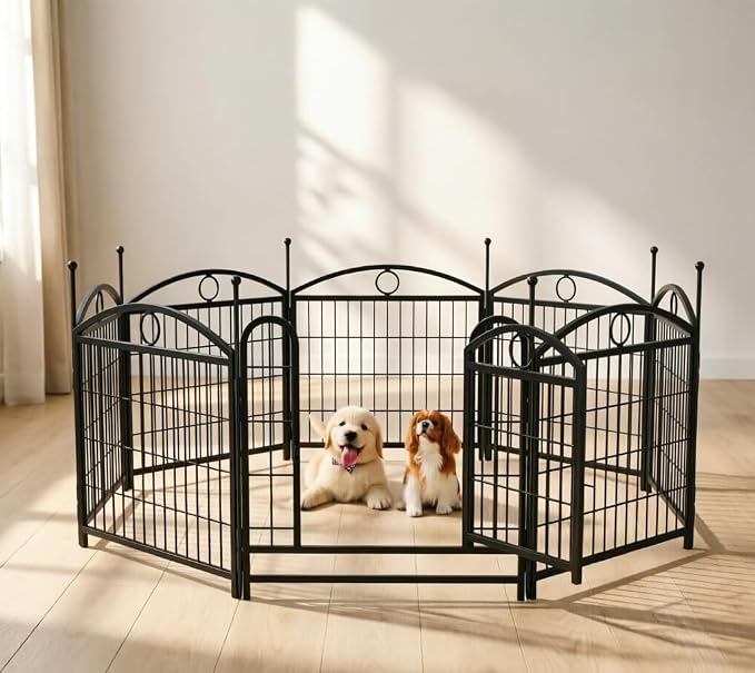24" Heavy Duty Metal Dog Playpen, 8 Panel Foldable Pet Fence with Door | Rustproof iron & gravity lock door; easy DIY assembly. Foldable & portable for travel, perfect for dogs & pets.