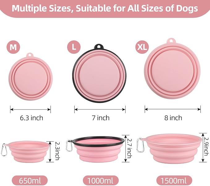 Kytely Collapsible Dog Bowls, X-Large 1500ml, 2 Pack, Pink & Grey