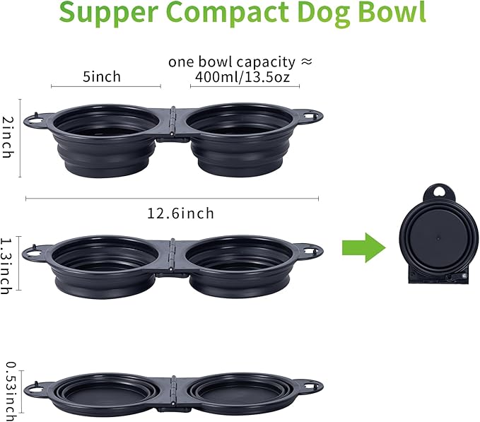 SLSON Collapsible Dog Dual Bowls with Lock Clips, Black