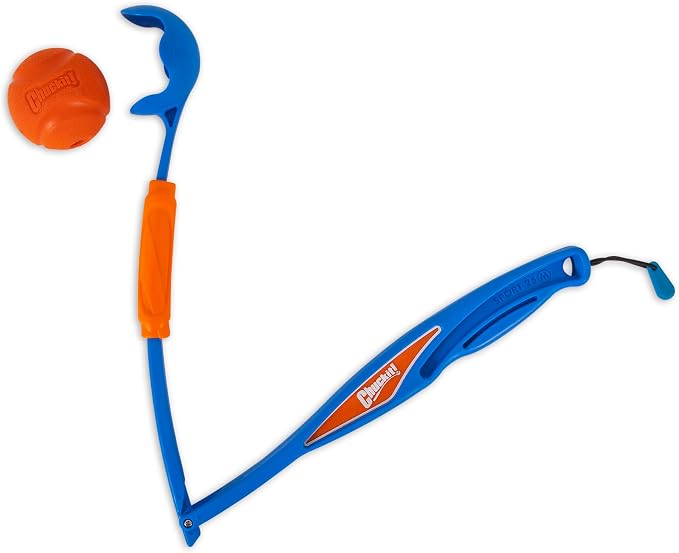 Chuckit! Fetch and Fold Mini 18M Launcher with Medium 2.5in Ball | Folding Locking-Slide Launcher with Bungee Tether for Easy Storage, Throws Farther for Dogs 20 to 60 lbs