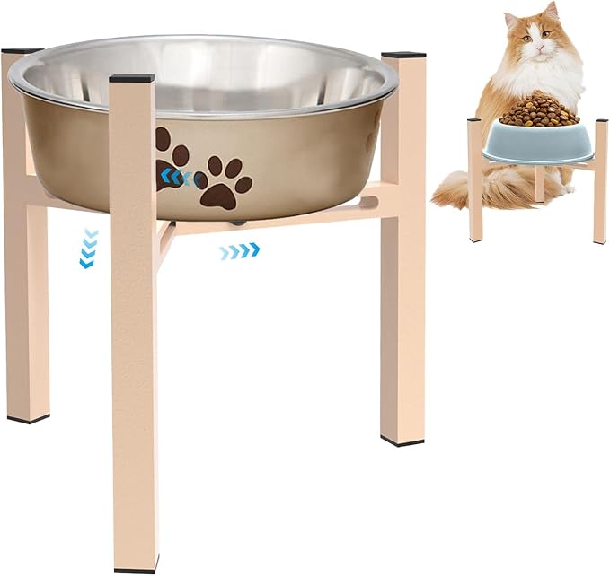 Elevated Cat Bowl Stand Good for Senior Cats Digestion Arthritis Relief - Adjustable Metal Feeder Riser, Fits 5.1-7.45” Round Bowls (No Bowls)(Light Khaki)