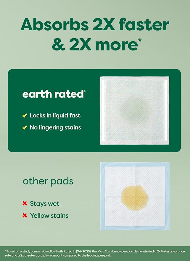 Earth Rated Puppy Pads, Max Absorbency Pee Pads for Dogs, Absorbs 2X Faster & 2X More, Leak Prevention, Potty Training, Fragrance-Free, Unscented, Regular [L], 22” x 23”, 40 Count
