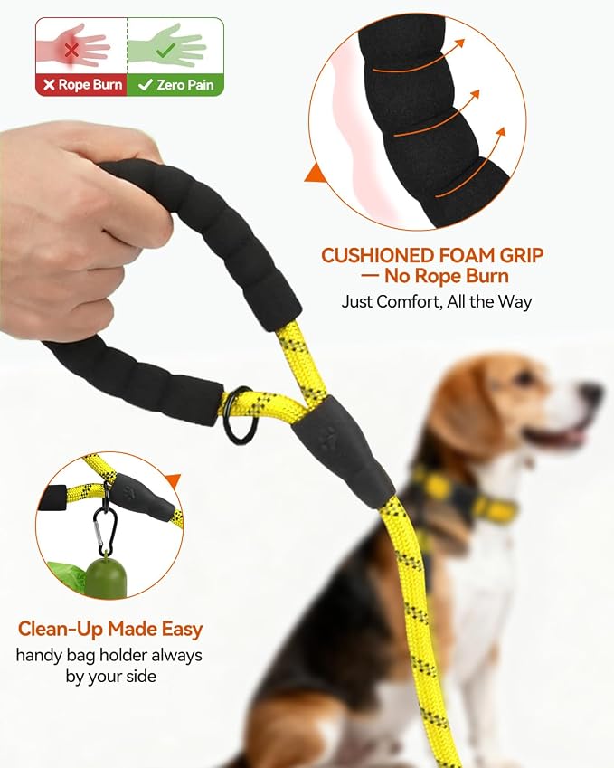 Joytale Rope Dog Leash for Small Dogs, Padded Handle, 6FT, Yellow | Reinforced Nylon Webbing, Comfort Grip Eases Hand Strain, Swivel Clip Prevents Tangles, Visible at Night, for Outdoor Walks