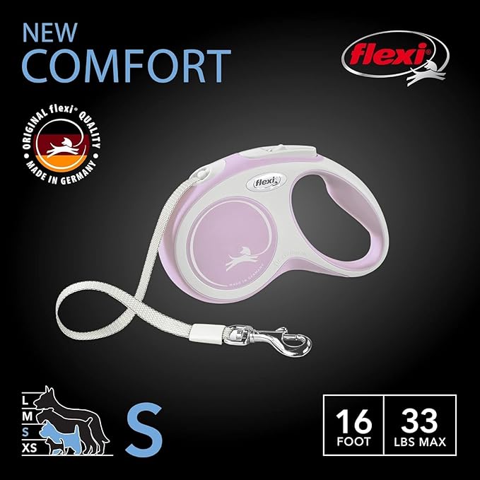 FLEXI® Comfort Tape Retractable Dog Leash, Small, 16 ft - Pink/Rose | German engineered, original flexi leash, durable quality for dogs up to 33 lbs, tangle-free, walking, reliable brake system
