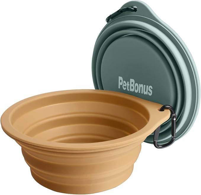 PetBonus Large Collapsible Dog Bowls, 2 Pack, 34oz, Turquoise, Tan