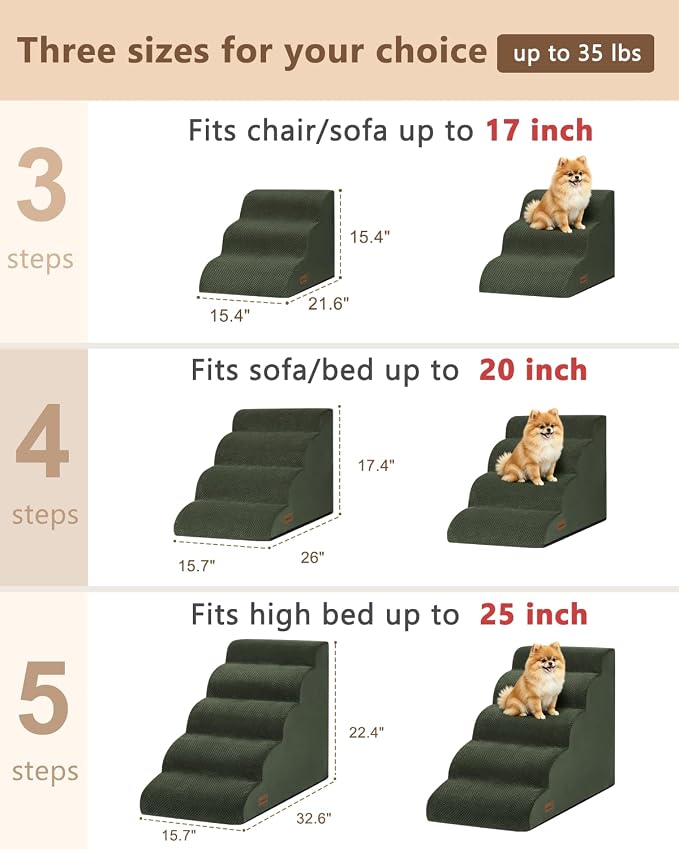 Aodisman Dog Stairs Ramp for Bed and Couch,4 Step Dog Steps for Small Dogs,Pet Stairs with Non-Slip Bottom for Old Cats,Indoor Pet Steps,Comfort,Durable,17.4" H,Green