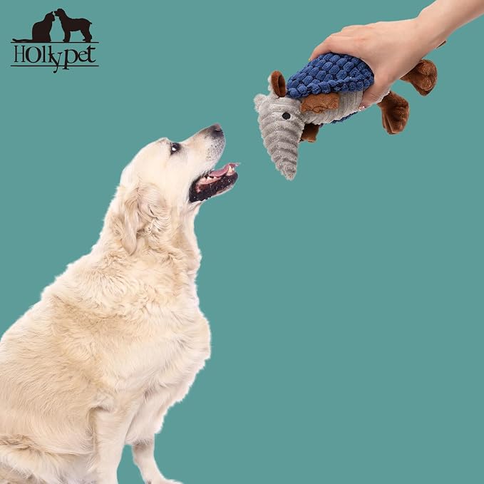Hollypet Armadillo Squeaky Puppy Dog Toys for Small Medium Dogs, 8" | plush stuffed small dog squeak animal toy with unique grunt squeaker textured fabric for teeth cleaning toys