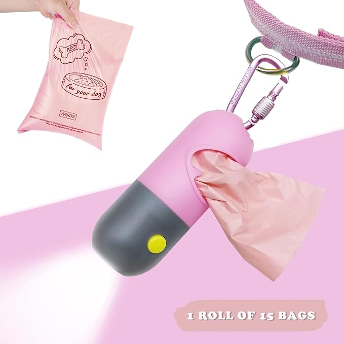 Dog Poop Bag Holder with LED Flashlight for Night Walks,Silicone Tether & Donut Pattern Clip for Used Bags, Hands-Free Metal Leash Carabiner, Includes 15 Scented Waste Bags(Pink)