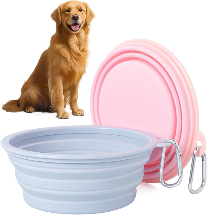 SLSON Macaron Collapsible Dog Bowl, 2 Pack, Large, Coral & Light Grey