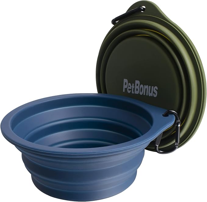 PetBonus Collapsible Dog Bowls, 2 Pack, Army Green, Navy Blue