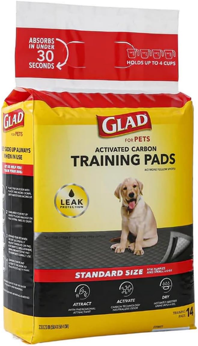 Glad for Pets Black Charcoal Puppy Pads, 23 x 23 Inch, 6-Layer Leak-Resistant Design, Activated Carbon Odor Control, Pheromone Attractant for Potty Training, 14 Count