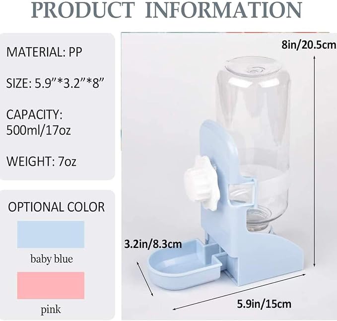 kathson Rabbit Water Bottle, 17oz Hanging Water Fountain Automatic Dispenser No Leak WaterFeeder for Bunny Chinchilla Guinea Pig Hedgehog Ferret
