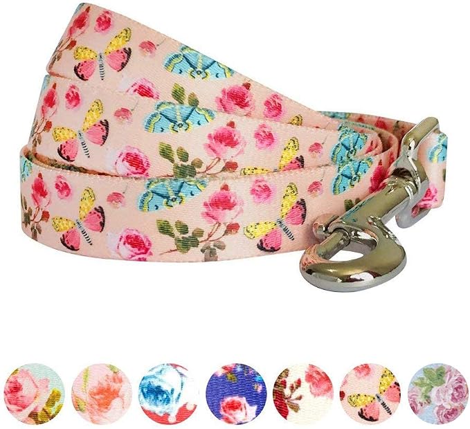 Blueberry Pet 9 Patterns Durable Spring Scent Inspired Rose and Butterfly Print Pastel Pink Dog Leash 4 ft x 1", Large, Leashes for Dogs