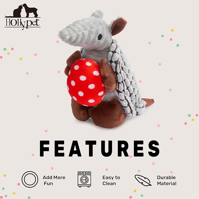 Hollypet Armadillo Squeaky Puppy Dog Toys for Small Medium Dogs, Red Egg | plush stuffed small dog squeak animal toy with unique grunt squeaker textured fabric for teeth cleaning toys