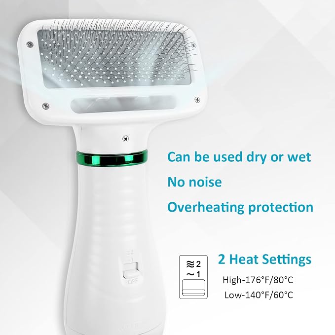 Dog Hair Dryer,2 in 1 Pet Hair Dryer with Slicker Brush,Dog Blow Dryer with 2 Adjustable Heat Setting Dogs Bath Brush for Grooming Small Medium Dogs Cats