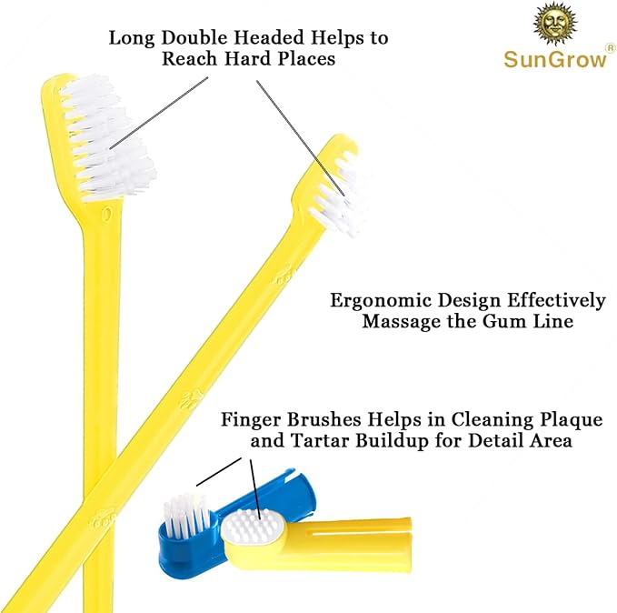 SunGrow Dog Toothbrush Set, Dual-Headed Brush, 2 Bonus Finger Brushes Included, Removes Plaque, freshens Dog's Breath, Use with Dog Toothpaste, 3 Pcs