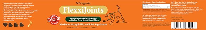 NZorganix FlexxiJoints Hip and Joint Supplement Chews for Dogs, Cats • 100% Grass-Fed Beef Bone Collagen New Zealand Green-Lipped Mussels • 200 Chews 2-Pack
