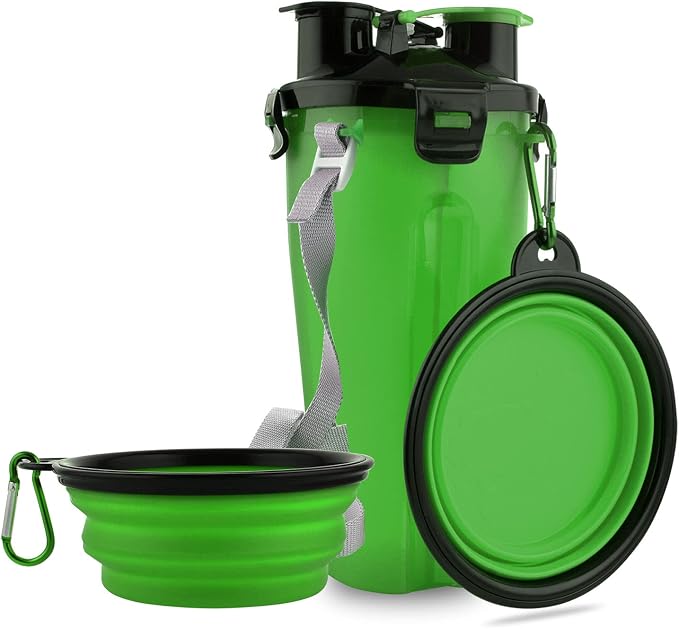 Dog Travel Water Bottle, 2-in-1 with Collapsible Bowl, Green