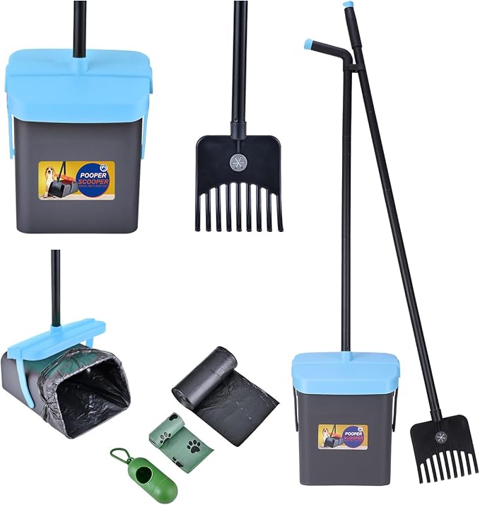 Geyecete Dog Pooper Scooper Pooper Scooper for Dogs - Long Handle Outdoor Cleanup Tool with 35 Waste Bags Dispenser -Portable Pet Waste Pick Up Set