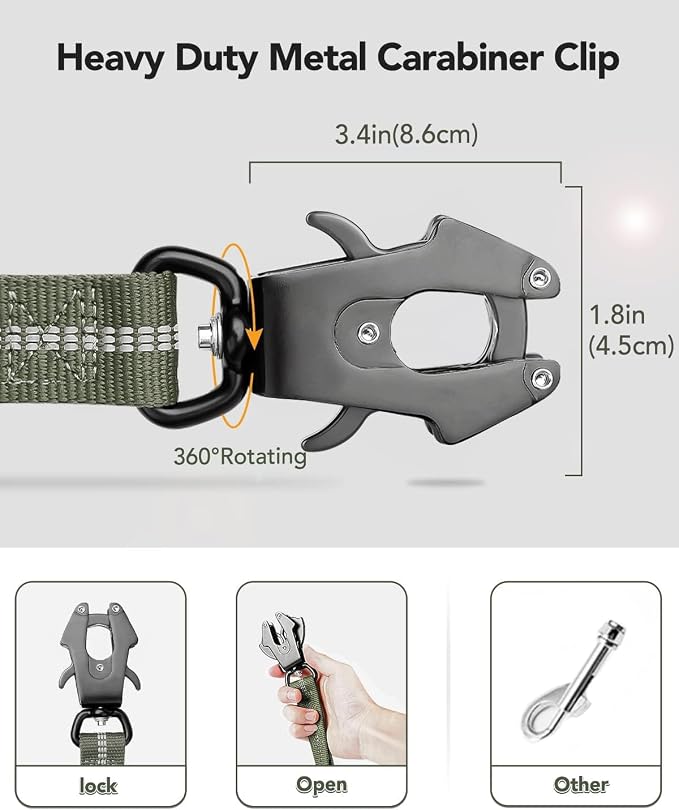 Joytale Tactical Dog Collar(17"-21") and Dog Leash Set, Shock Absorbing Bungee Dog Leash and Adjustable Strong Dog Collar with Handle for Large Dogs(ArmyGreen, L)