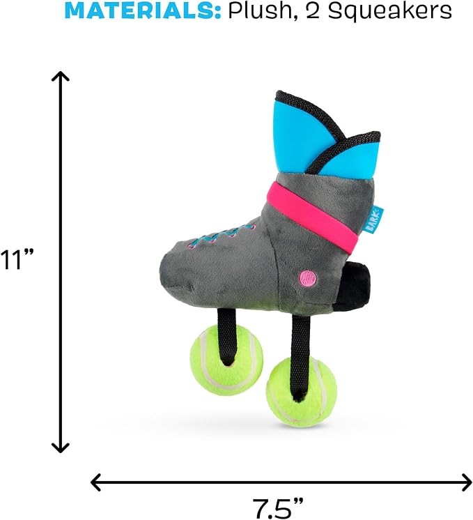 BarkBox Way Rad Rollerblade Dog Toy - for Extra Small to Small Dogs | Plush Rollerblade with Squeaky Tennis Balls, 2 Squeakers & Fluffy Filling