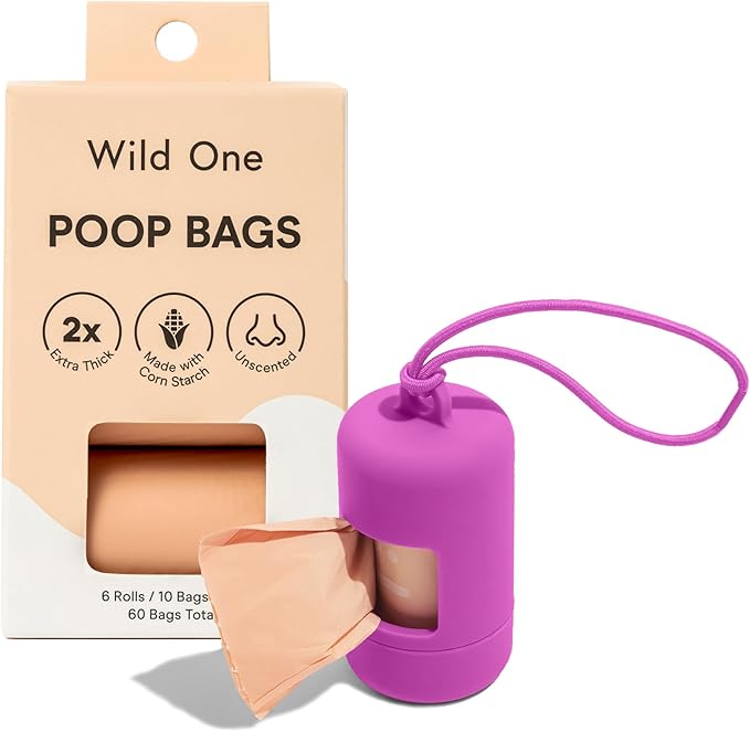 Wild One Dog Poop Bag Holder and Dispenser with Leash Attachment, Leak Proof, Easy Twist Top for Refills, Includes 1 Box Of Bags, Orchid