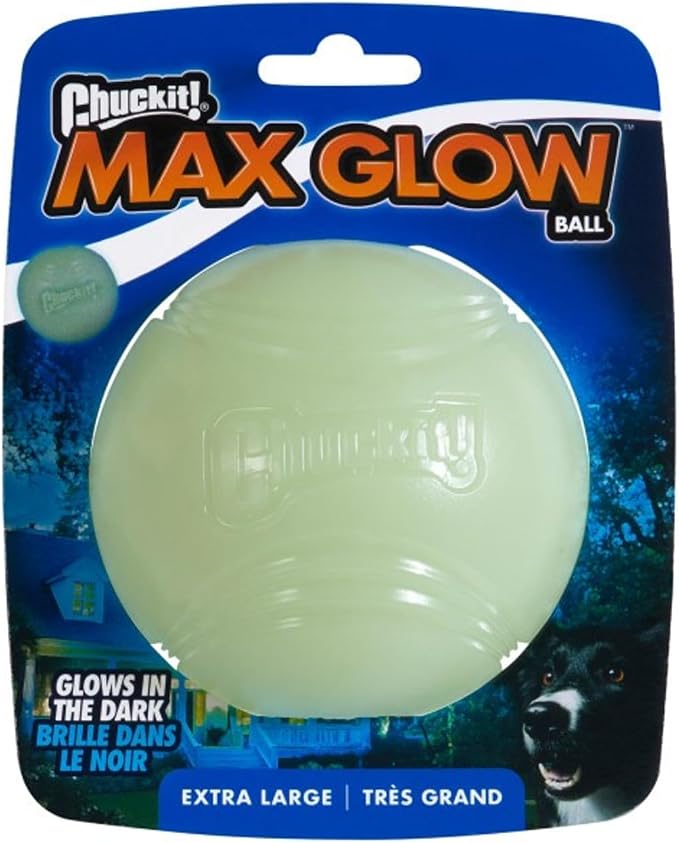 Chuckit! Max Glow Bouncy Ball, Glowin the Dark, XL 3.5in | Photoluminescent Rubber Ball Recharges Fast Under Any Bright Light for Nighttime Fetch, Launcher Compatible