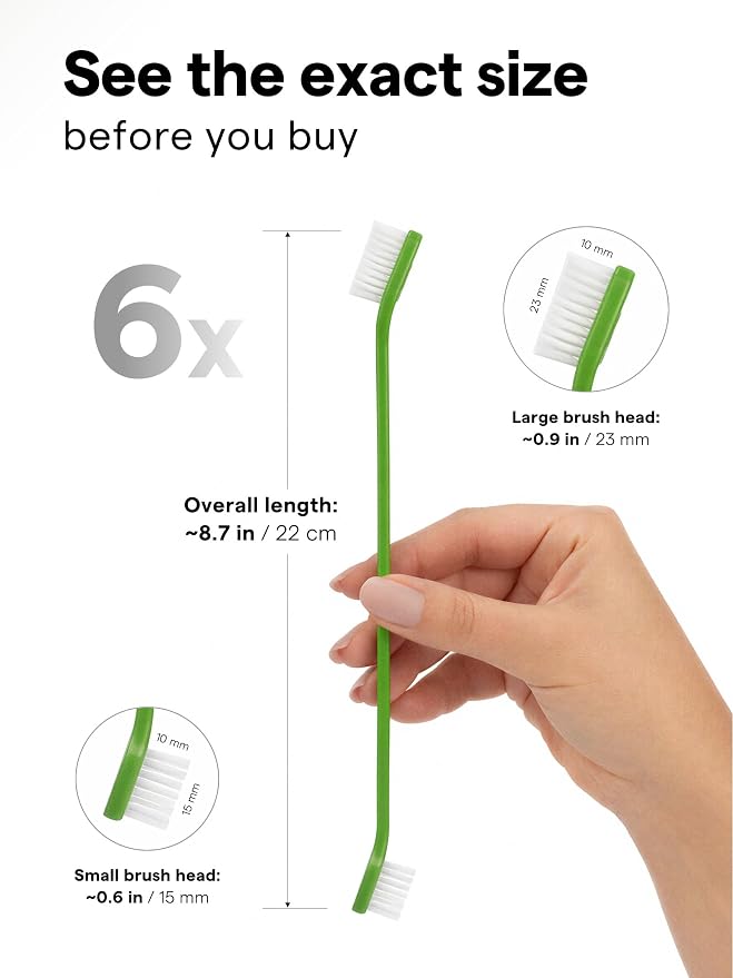 Pet Toothbrush Set of 6 for Dogs & Cats - Dual-Head Dog Toothbrush with Soft Nylon Bristles - Long Handle for Daily Dental Care - Home Use Toothbrush Pack for Small to Large Breed Pets - eBook + App