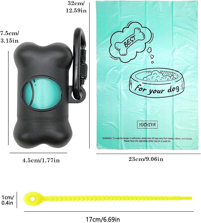 Dog Poop Pickup Bags Holder Dispenser with Standard-Sized Leak-Proof Scented Doggy Waste Bags and Carabiner with Safety Lock&Fastener Never Loose on Leash Lead Again (1 Holder 15 Bags, Black)