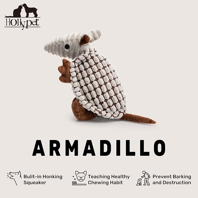 Hollypet Armadillo Squeaky Puppy Dog Toys for Small Medium Dogs, 8" | plush stuffed small dog squeak animal toy with unique grunt squeaker textured fabric for teeth cleaning toys