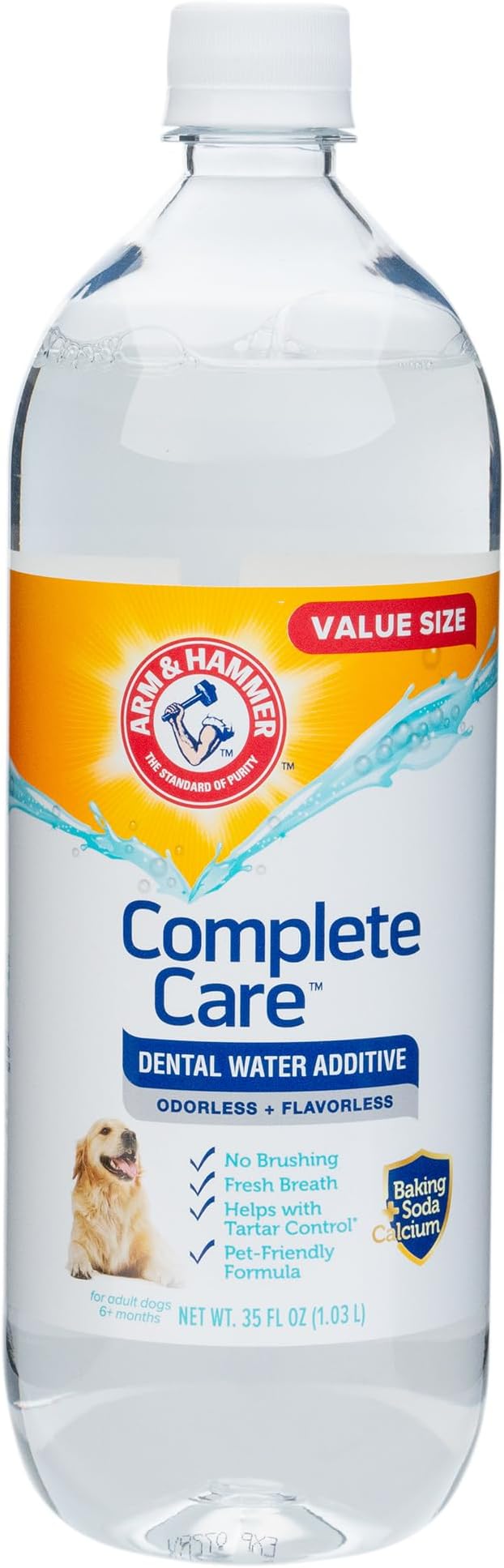 Arm & Hammer Complete Care Dog Dental Water Additive, 35 Fl Oz | Baking soda enhanced, tartar control, freshens breath, odorless and flavorless, no brushing required