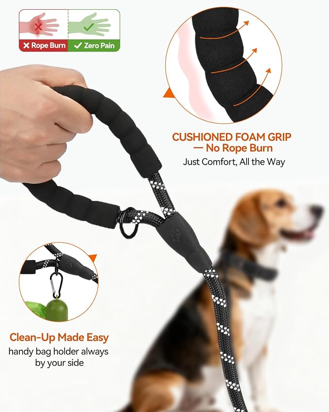 Joytale Rope Dog Leash for Small Dogs, Padded Handle, 6FT, Black | Reinforced Nylon Webbing, Comfort Grip Eases Hand Strain, Swivel Clip Prevents Tangles, Visible at Night, for Outdoor Walks