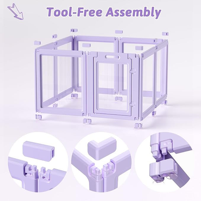 DIY Clear Acrylic Dog Playpen House,Quick Easy Assembly and Disassembly,Strong Floor Suction,Indoor and Outdoor Use,Easy Cleansing Puppy Fence (Purple, 23.6" H, 8PCS)