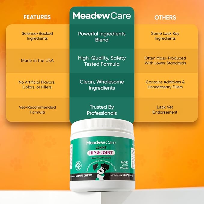Hip and Joint Supplement for Dogs | MSM, Chondroitin & Glucosamine for Dogs | Supports Bone, Cartilage & Connective Tissue Health | Dog Joint Supplement | 60 Soft Chews180 g (6.35 oz) | MeadowCare