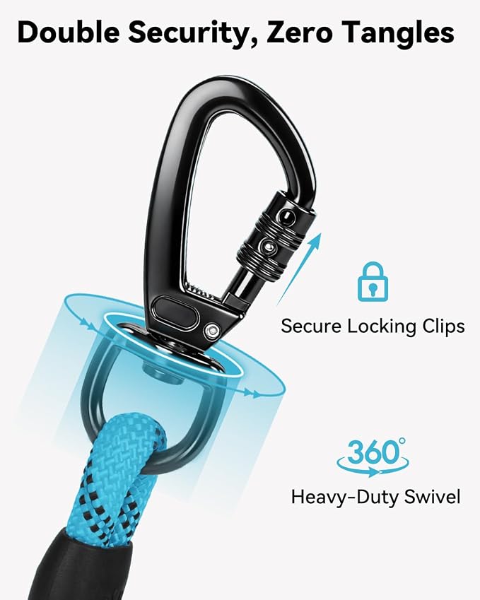 Joytale Long Dog Leash for Yard Tie Out & Recall Training, Blue, 65FT | Secure Locking Carabiner, Removable Padded Handle, Reflective Webbing for Night Safety, Ideal for Outdoor Play and Camping